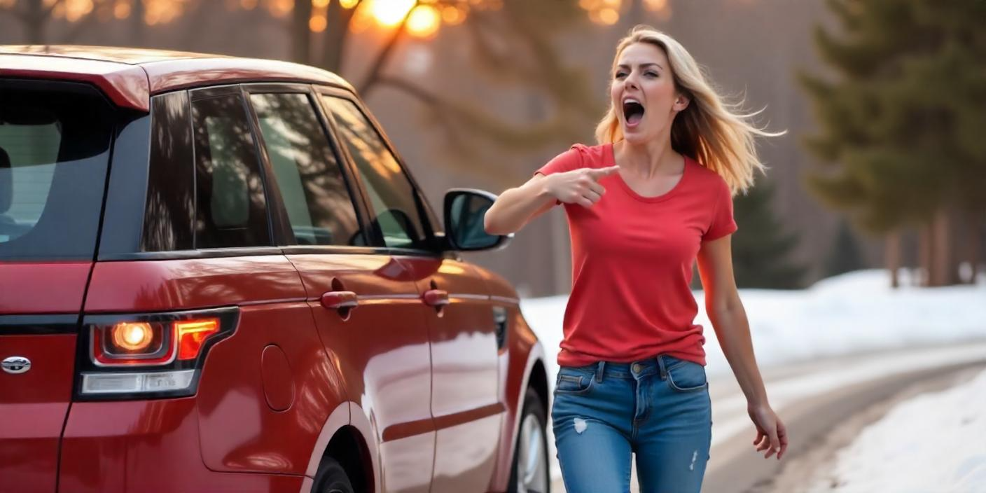 irritated woman shouting because her range rover wont start